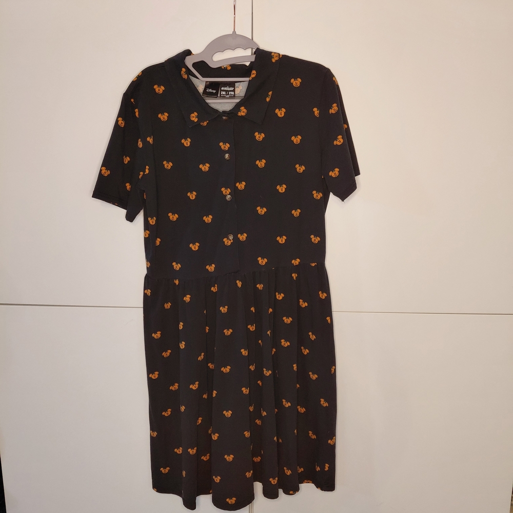 Black Midi Dress with Orange Floral Motif — Casual Button-Front